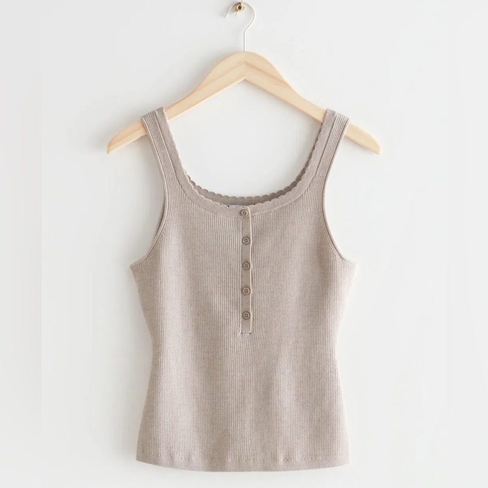 & OTHER STORIES Scalloped Knit Wool Button Tank Top Tan XS